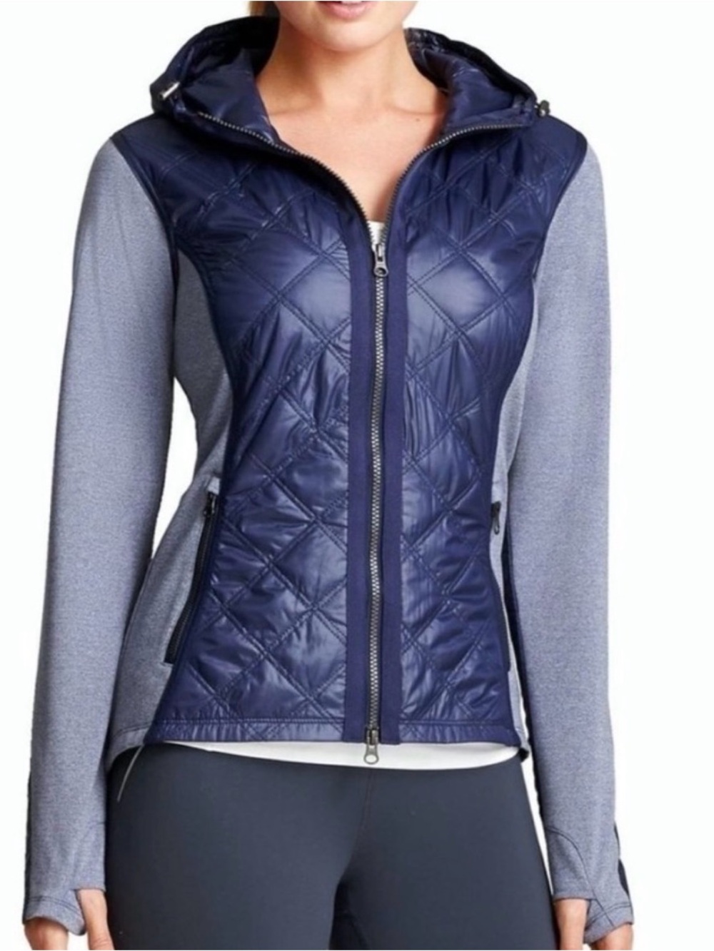 Athleta Hybrid Quilted Full Zip Hooded Jacket Navy Blue Gray L 242971